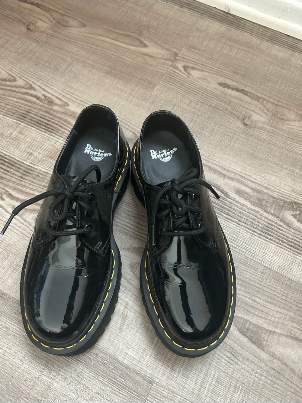 Dr. Martens Black Patent 3-Eye Oxblood-Style Lug Shoe with Yellow Stitching
